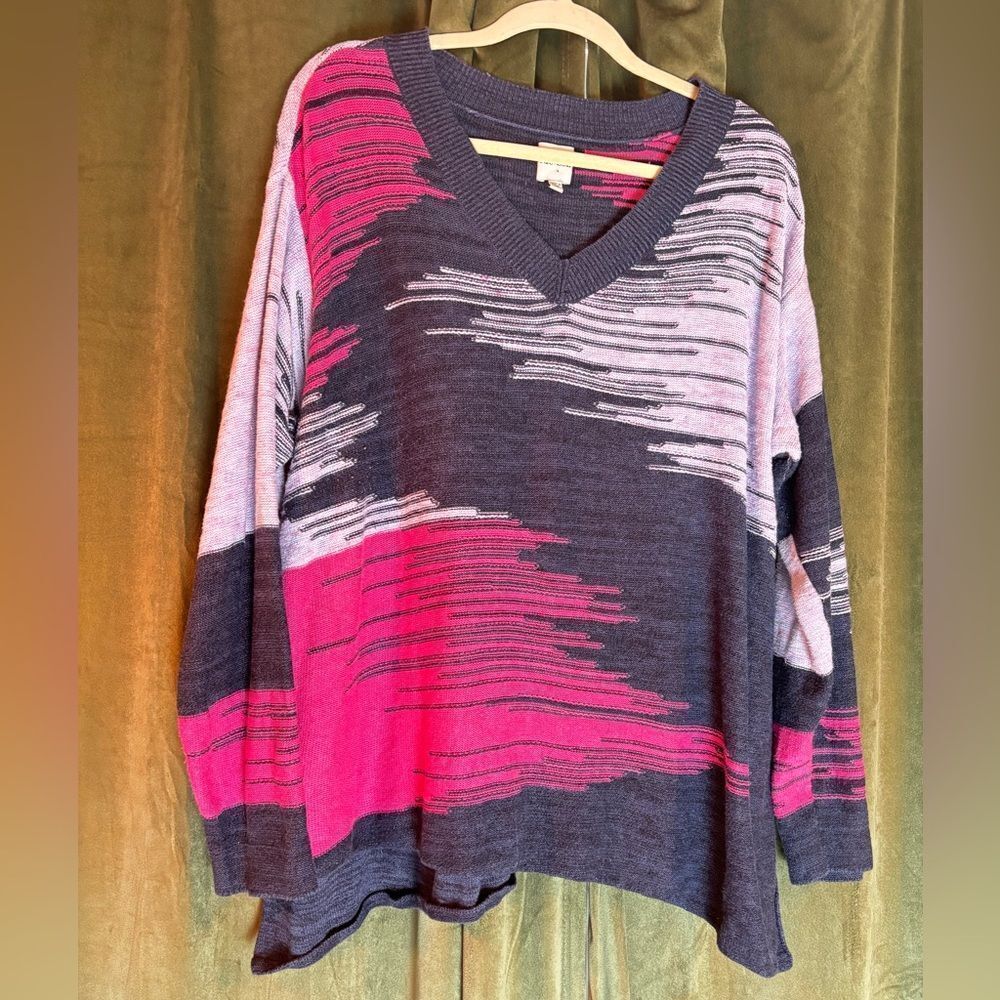 Nic+Zoe Women's Red Multi Vivid Vibes Space Dye V-Neck Sweater